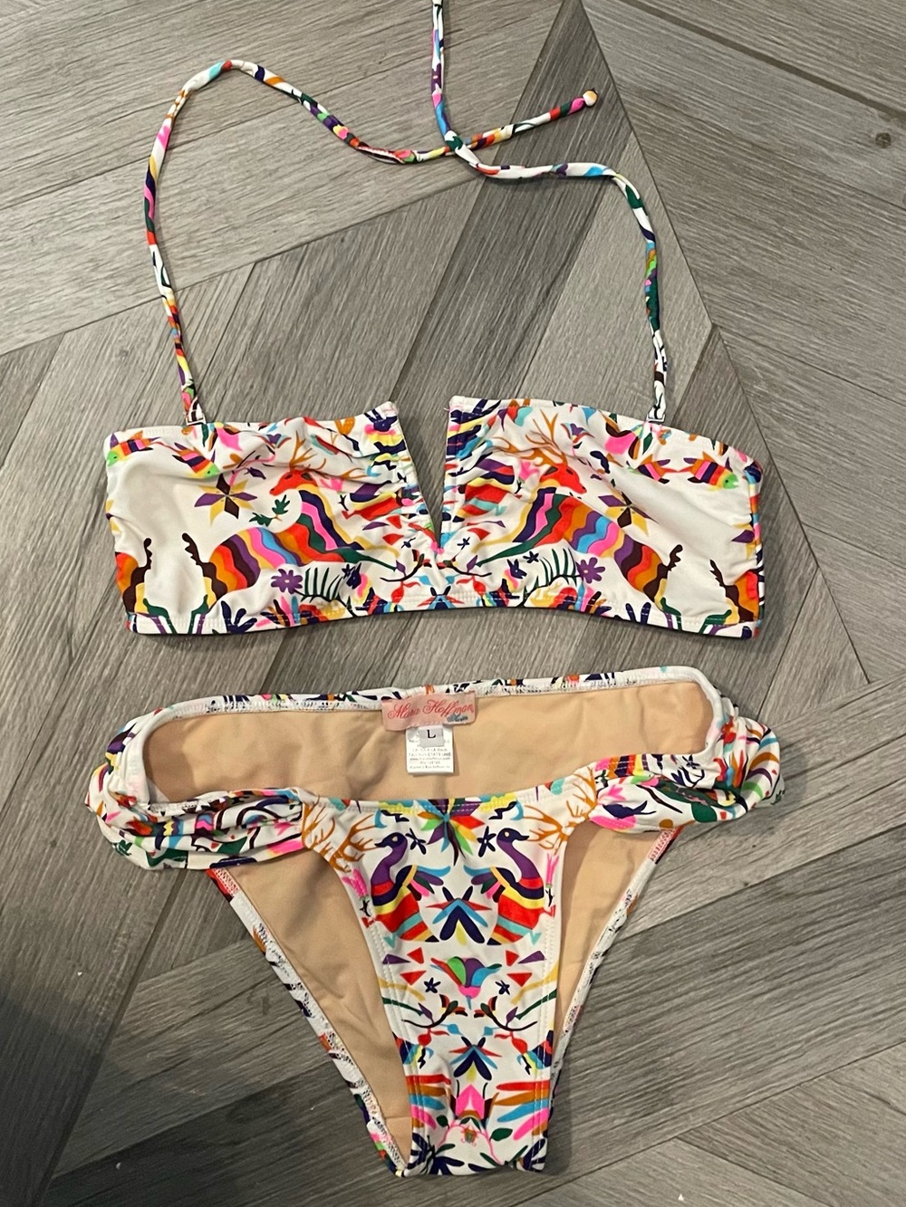 Mara Hoffman V-Wire Bikini Colorful Floral Animals White Pink Blue Yellow L